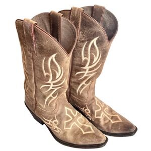 Western Cowgirl‎ Boots Justin Leather Grey Brown Cross Flame Embroidery Size 9 B